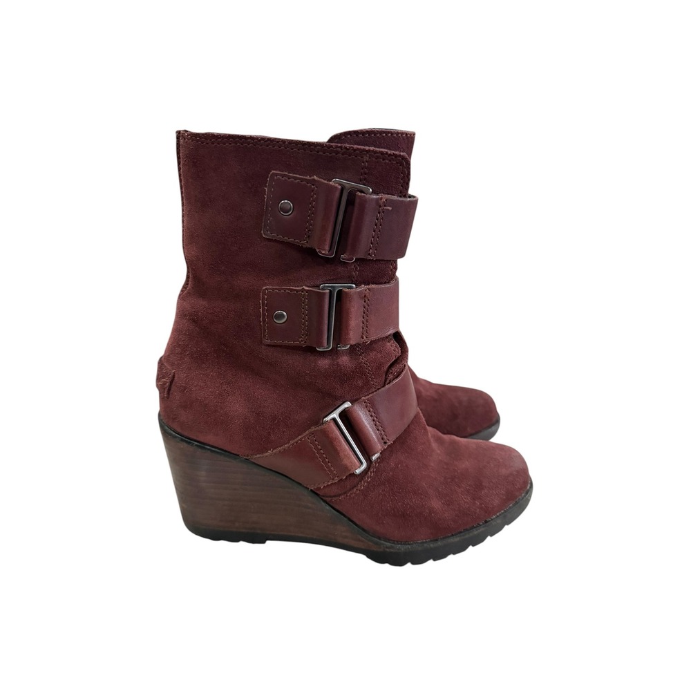 Sorel Lea Wedge Burgundy Suede Buckle Ankle Boots Womens 6.5